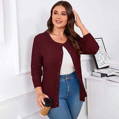 Women's Plus Size Sweater Cardigan Round Neck Long Sleeve Single Breasted Casual Jacket Knit Outwear