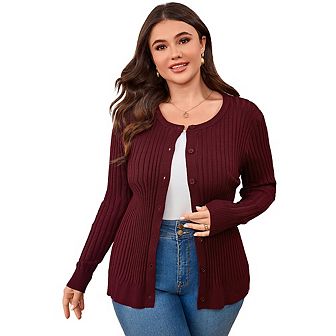 Women's Plus Size Sweater Cardigan Round Neck Long Sleeve Single Breasted Casual Jacket Knit Outwear
