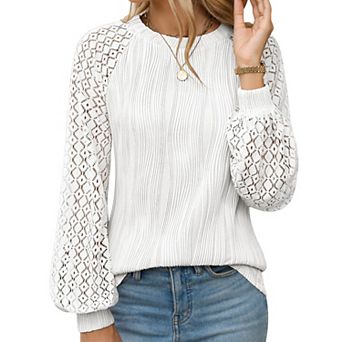 Women's Lace Long Sleeve Blouse Casual Round Neck Top For Fall