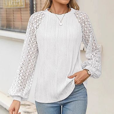 Women's Lace Long Sleeve Blouse Casual Round Neck Top For Fall