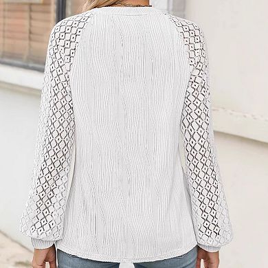 Women's Lace Long Sleeve Blouse Casual Round Neck Top For Fall