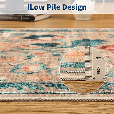 Floral Pattern Washable Rug with Non - Skid Back Easy Care