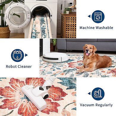 Floral Pattern Washable Rug with Non - Skid Back Easy Care
