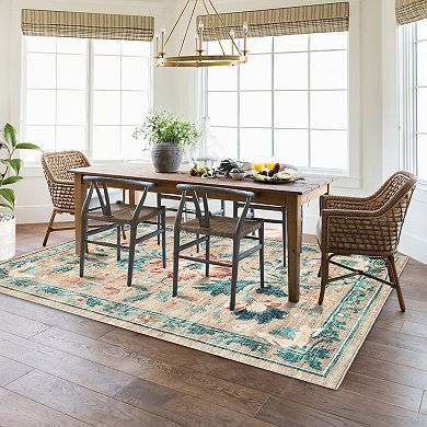 Floral Pattern Washable Rug with Non - Skid Back Easy Care