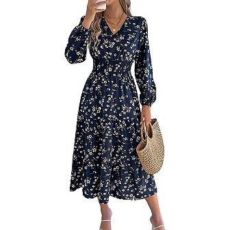 Women's V-Neck Flounce Hem A-Line Dress Long Sleeve Belted Waist Soft Comfort
