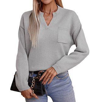 Women's V-Neck Sweater with Pockets Soft Pullover Knit Top Loose Fit Casual Comfort