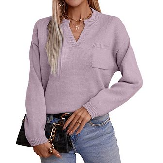 Women's V-Neck Sweater with Pockets Soft Pullover Knit Top Loose Fit Casual Comfort