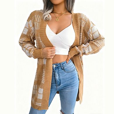 Women Plaid Tie Waist Lantern Long Sleeve Casual Open Front Cardigan Sweater