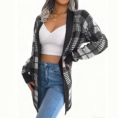 Women Plaid Tie Waist Lantern Long Sleeve Casual Open Front Cardigan Sweater