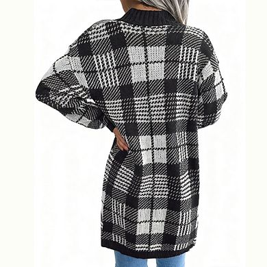 Women Plaid Tie Waist Lantern Long Sleeve Casual Open Front Cardigan Sweater