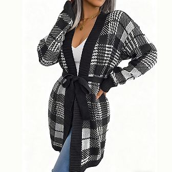 Women Plaid Tie Waist Lantern Long Sleeve Casual Open Front Cardigan Sweater