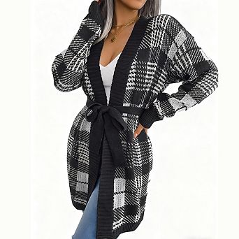 Women Plaid Tie Waist Lantern Long Sleeve Casual Open Front Cardigan Sweater