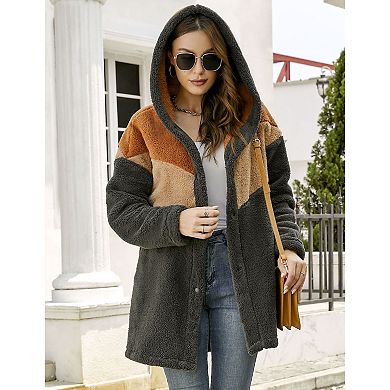 Women's Fuzzy Hoodies Color Block Cardigan Oversized Pockets Warm Jackets Fleece Hoodies