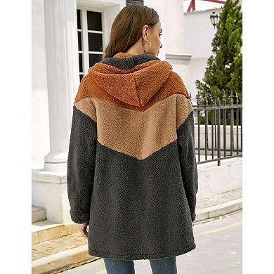 Women's Fuzzy Hoodies Color Block Cardigan Oversized Pockets Warm Jackets Fleece Hoodies