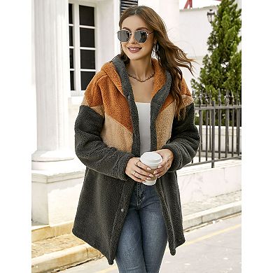 Women's Fuzzy Hoodies Color Block Cardigan Oversized Pockets Warm Jackets Fleece Hoodies