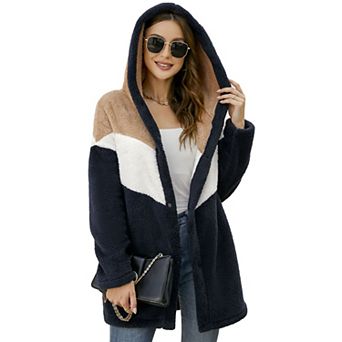 Women's Fuzzy Hoodies Color Block Cardigan Oversized Pockets Warm Jackets Fleece Hoodies
