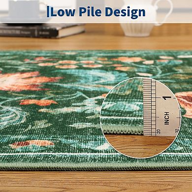 Floral Pattern Washable Rug with Non - Skid Back Easy Care