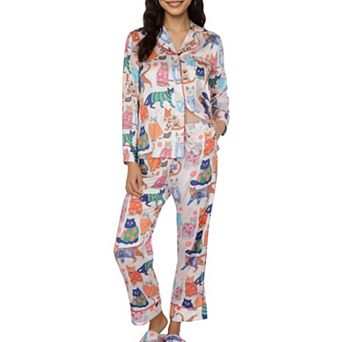 Women's 2 pc Set Long Sleeve Button Front Pajama Set with Cat Print and Soft Silky Fabric