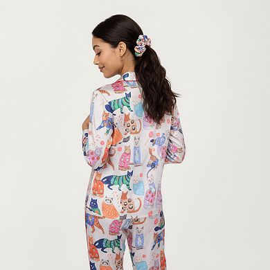 Women's 2-Piece Set Long Sleeve Button Front Pajama Set with Cat Print and Soft Silky Fabric