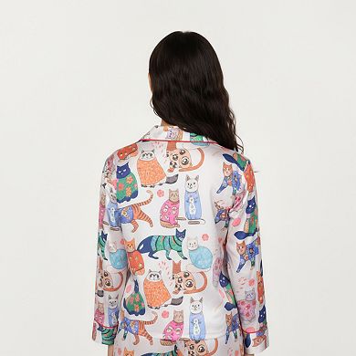 Women's 2-Piece Set Long Sleeve Button Front Pajama Set with Cat Print and Soft Silky Fabric