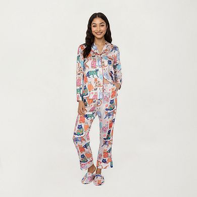Women's 2-Piece Set Long Sleeve Button Front Pajama Set with Cat Print and Soft Silky Fabric