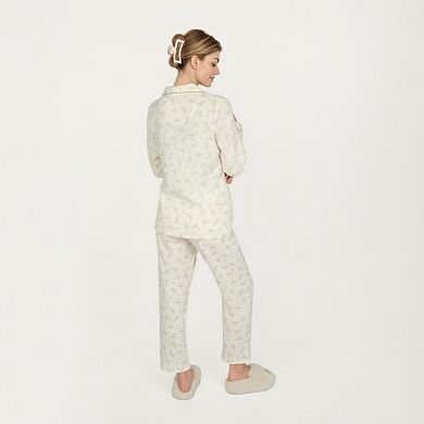 Women's 2-Piece Set Long Sleeve Button Front Top and Relaxed Fit Pants Pajama Set with Floral Print
