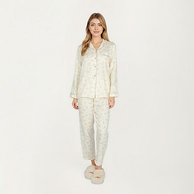 Women's 2-Piece Set Long Sleeve Button Front Top and Relaxed Fit Pants Pajama Set with Floral Print