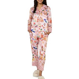 Women's 2 pc Set Button Front Pajama Set with Playful Dog Print and Soft Silky Fabric