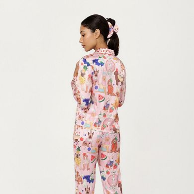 Women's 2-Piece Set Button Front Pajama Set with Playful Dog Print and Soft Silky Fabric