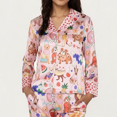 Women's 2-Piece Set Button Front Pajama Set with Playful Dog Print and Soft Silky Fabric