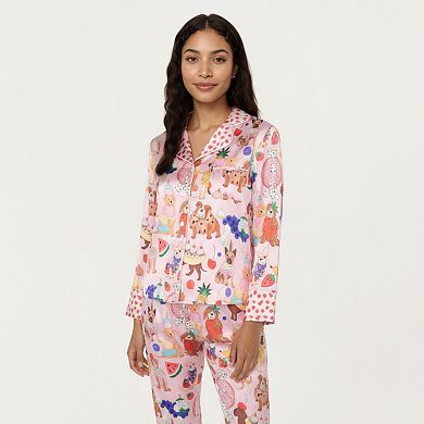 Women's 2-Piece Set Button Front Pajama Set with Playful Dog Print and Soft Silky Fabric