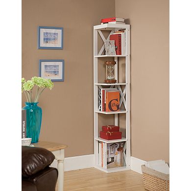 Kings Brand Furniture - Whiteley Wood Wall Corner 5 Tier Bookshelf Display Stand, White.