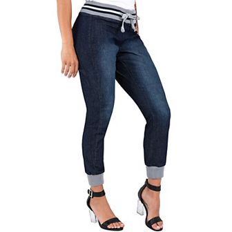 Women's Blue Stretch Denim Ribbed Waistband Jogger Pants