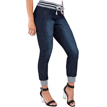 Women's Blue Stretch Denim Ribbed Waistband Jogger Pants