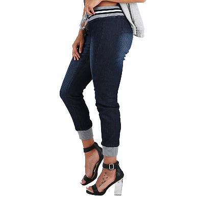 Women's Blue Stretch Denim Ribbed Waistband Jogger Pants