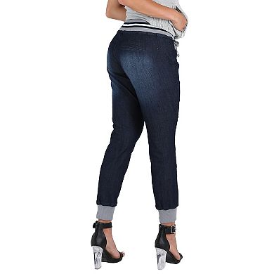Women's Blue Stretch Denim Ribbed Waistband Jogger Pants