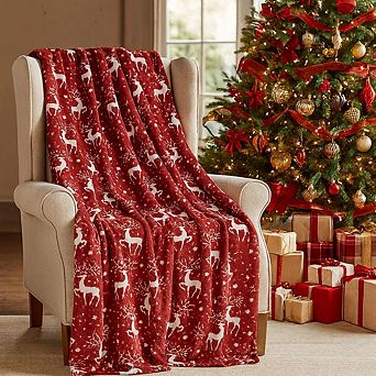 Kate Aurora Holiday Living Ultra Soft and Cozy Christmas Red Reindeer Plush Throw Blanket Cover