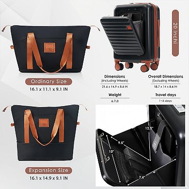 2-Piece Luggage Set, Front Opening 20-Inch Carry-On Luggage with Expandable Travel Bag and USB Port