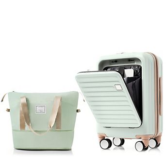 2 pc Luggage Set, Front Opening 20-Inch Carry-On Luggage with Expandable Travel Bag and USB Port