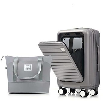 2 pc Luggage Set, Front Opening 20-Inch Carry-On Luggage with Expandable Travel Bag and USB Port