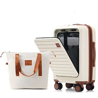 2 pc Luggage Set, Front Opening 20-Inch Carry-On Luggage with Expandable Travel Bag and USB Port