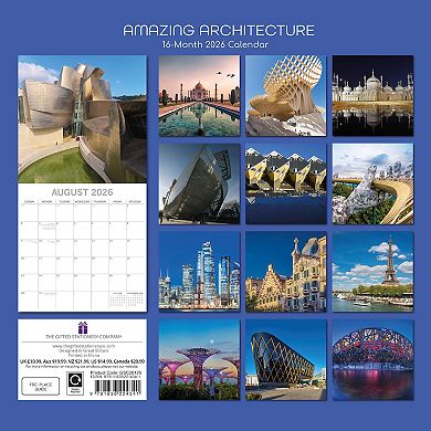 2026 Wall Calendar, Amazing Architecture, 16-Month Arts & Antiques Theme, 12x12