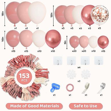 Pink Boho Birthday Balloon Arch Kit 153pcs Rose, White & Confetti Balloons for Shower or Blush Weddi