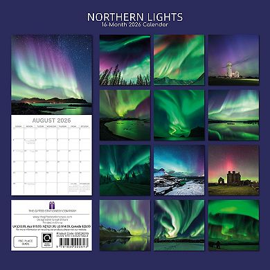 2026 Square Wall Calendar, Northern Lights, 16-Month Natural World Theme 12x12
