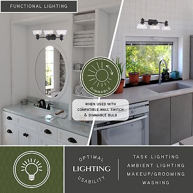 VAXCEL Beloit 3-Light Matte Black Bathroom Vanity Fixture Clear Seeded Glass