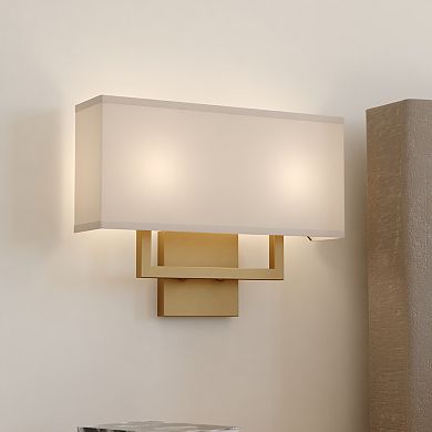 VAXCEL Glenview 2L Satin Brass Gold Wall Sconce, White Fabric Shade, ADA Vanity