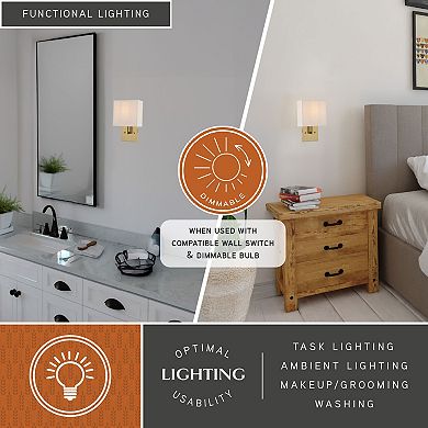 VAXCEL Glenview 1L Satin Brass Gold Wall Sconce, White Fabric Shade, ADA Vanity