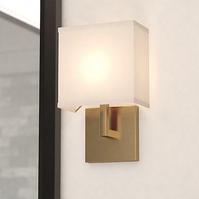 VAXCEL Glenview 1L Satin Brass Gold Wall Sconce, White Fabric Shade, ADA Vanity