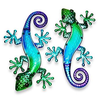 G128 Green Blue Lizard Gecko Metal Wall Art Set Indoor Outdoor Hanging Decor