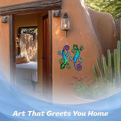 G128 Green Blue Lizard Gecko Metal Wall Art Set Indoor Outdoor Hanging Decor